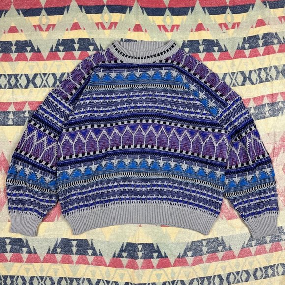 Vintage Grandpa Sweater Mens Large Gray Crewneck 90s Aztec Grunge Nubby Knit - Picture 11 of 11